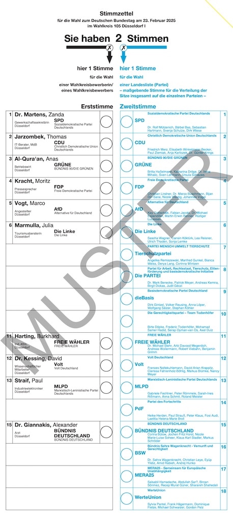 Stimmzettel_BUTA_2025-NRW_-_Wahlkreis_105__Duesseldorf_I_MUSTER Muster-Stimmzettel für die Bundestagswahl im Wahlkreis 105 Düsseldorf I,(c) Landeshauptstadt Düsseldorf<br />
